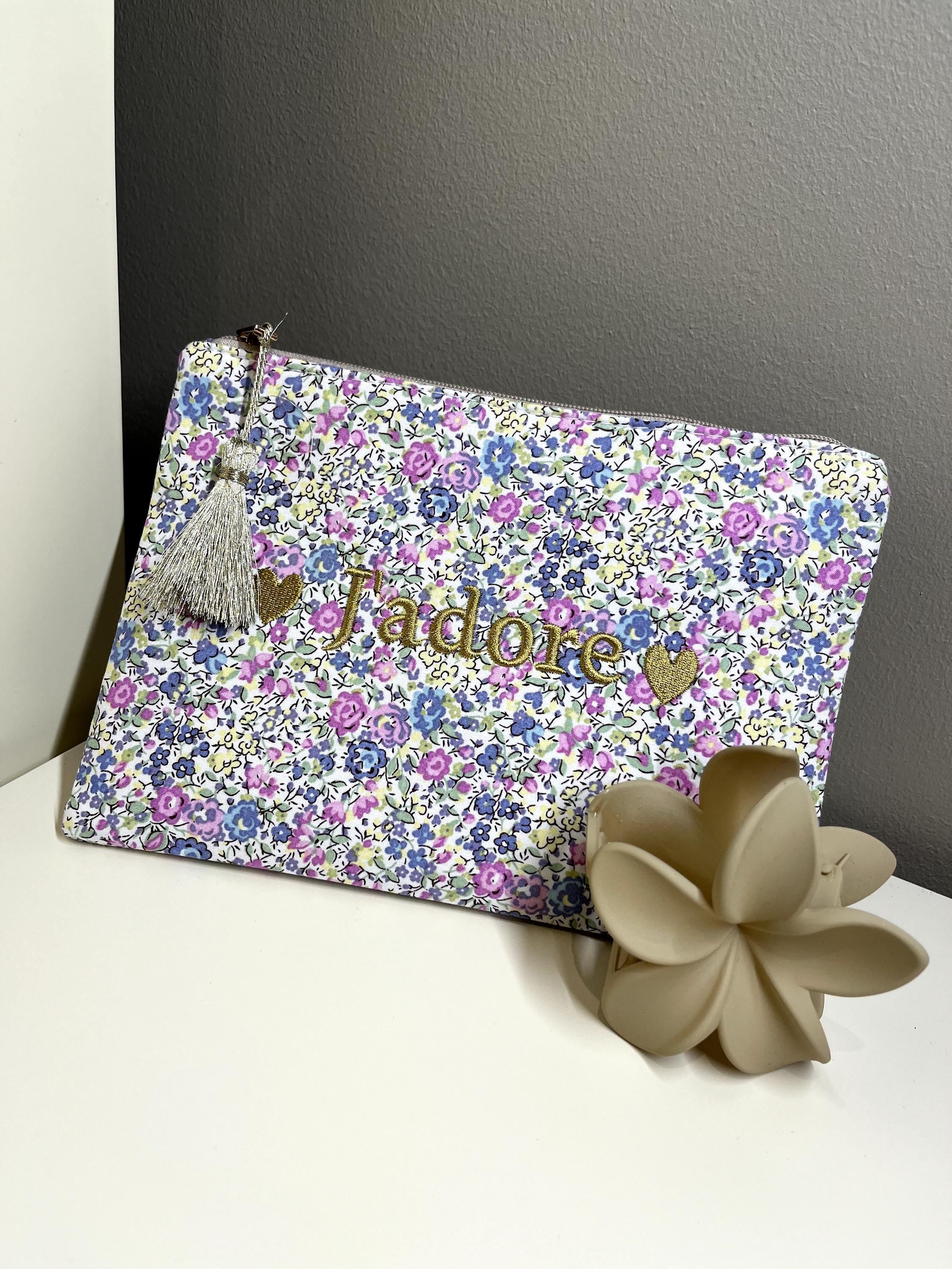 Trousse Pochette zipée liberty à message "J'adore" "Chance" "Happy" "Smile" "Maman je t'aime" coton