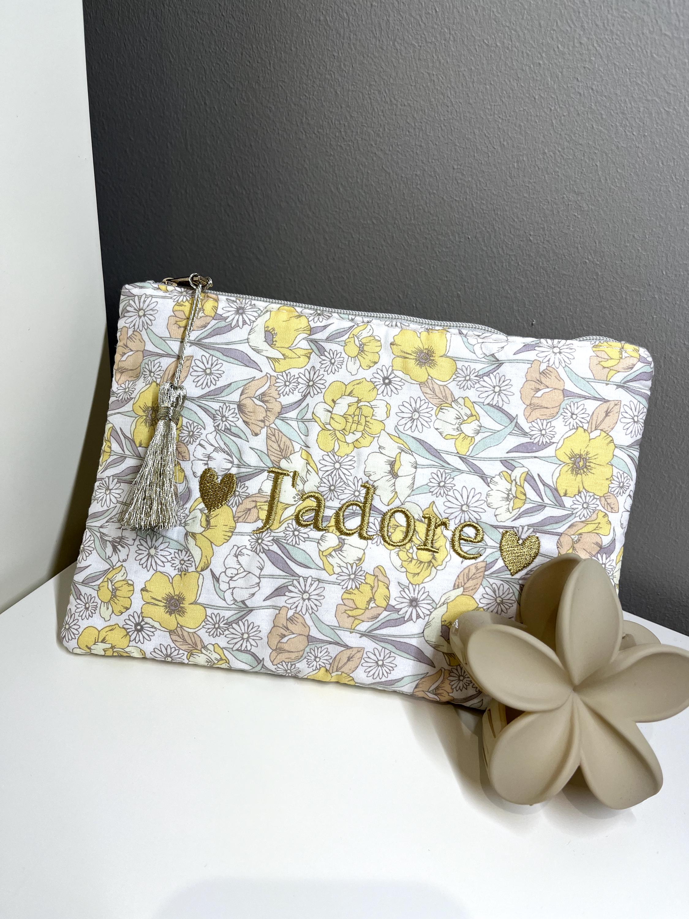 Trousse Pochette zipée liberty à message "J'adore" "Chance" "Happy" "Smile" "Maman je t'aime" coton