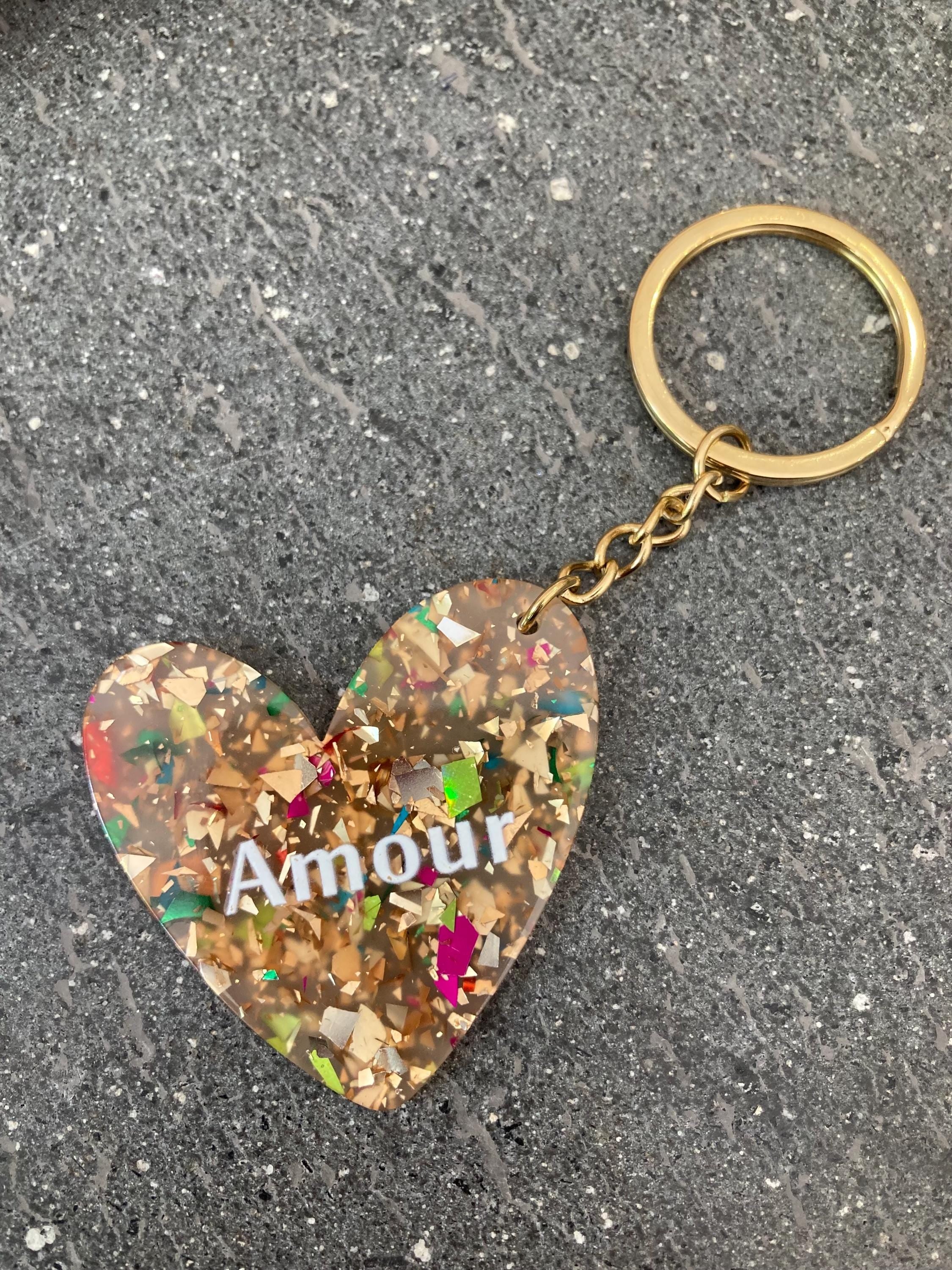 Porte-clefs coeur personnalisé à paillettes Bisou, Amour, Tata adorée, Copine en or, idée cadeau fête des mères, cadeau femme
