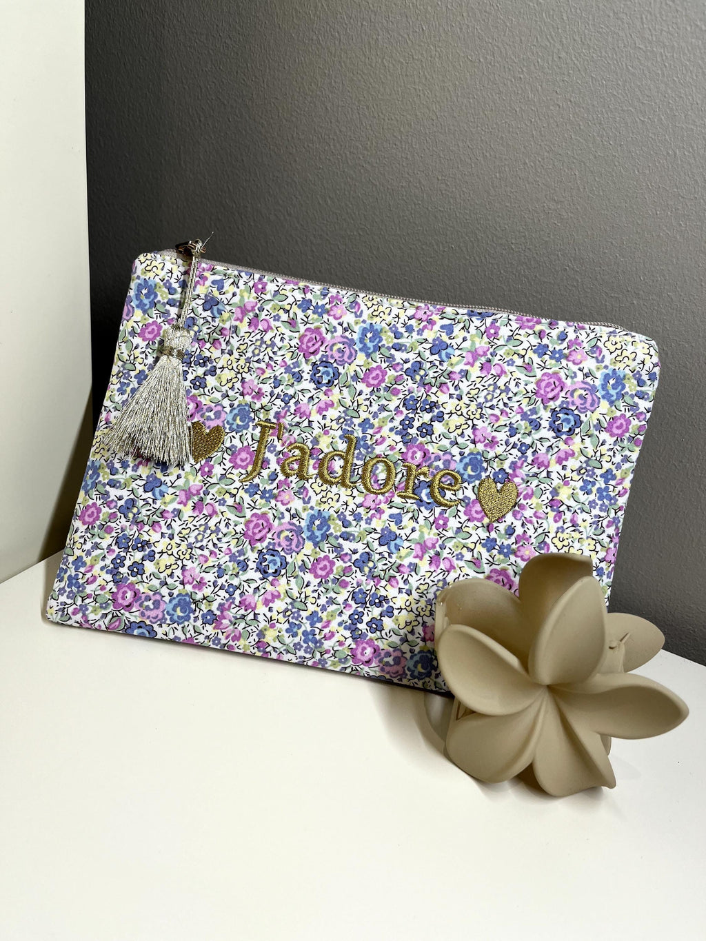 Trousse Pochette zipée liberty à message "J'adore" "Chance" "Happy" "Smile" "Maman je t'aime" coton