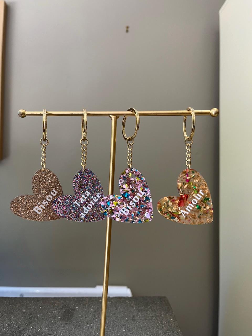 Porte-clefs coeur personnalisé à paillettes Bisou, Amour, Tata adorée, Copine en or, idée cadeau fête des mères, cadeau femme