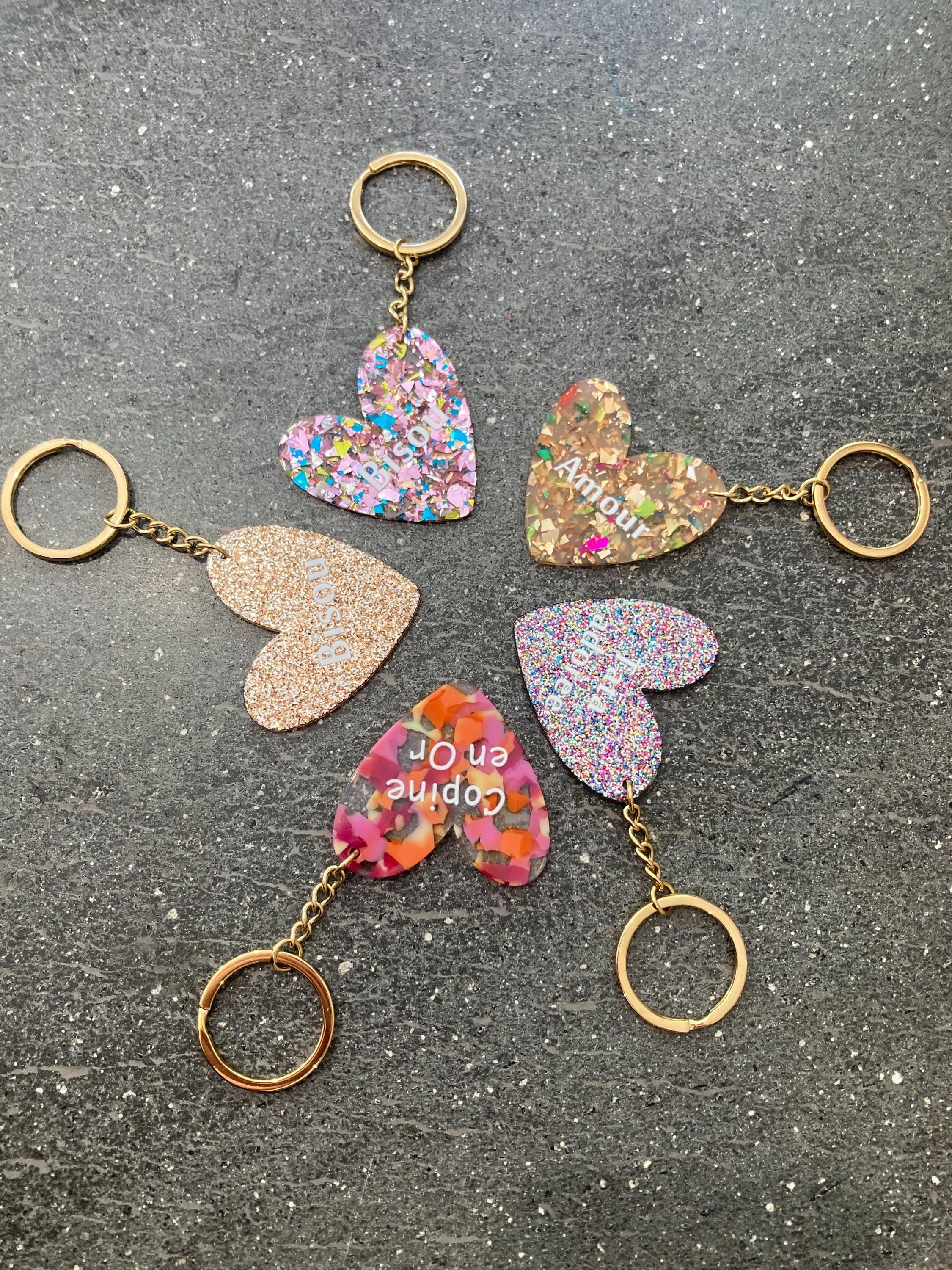 Porte-clefs coeur personnalisé à paillettes Bisou, Amour, Tata adorée, Copine en or, idée cadeau fête des mères, cadeau femme