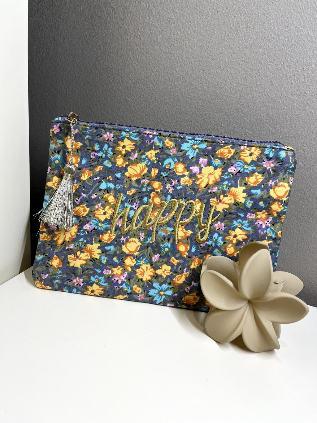 Trousse Pochette zipée liberty à message "J'adore" "Chance" "Happy" "Smile" "Maman je t'aime" coton