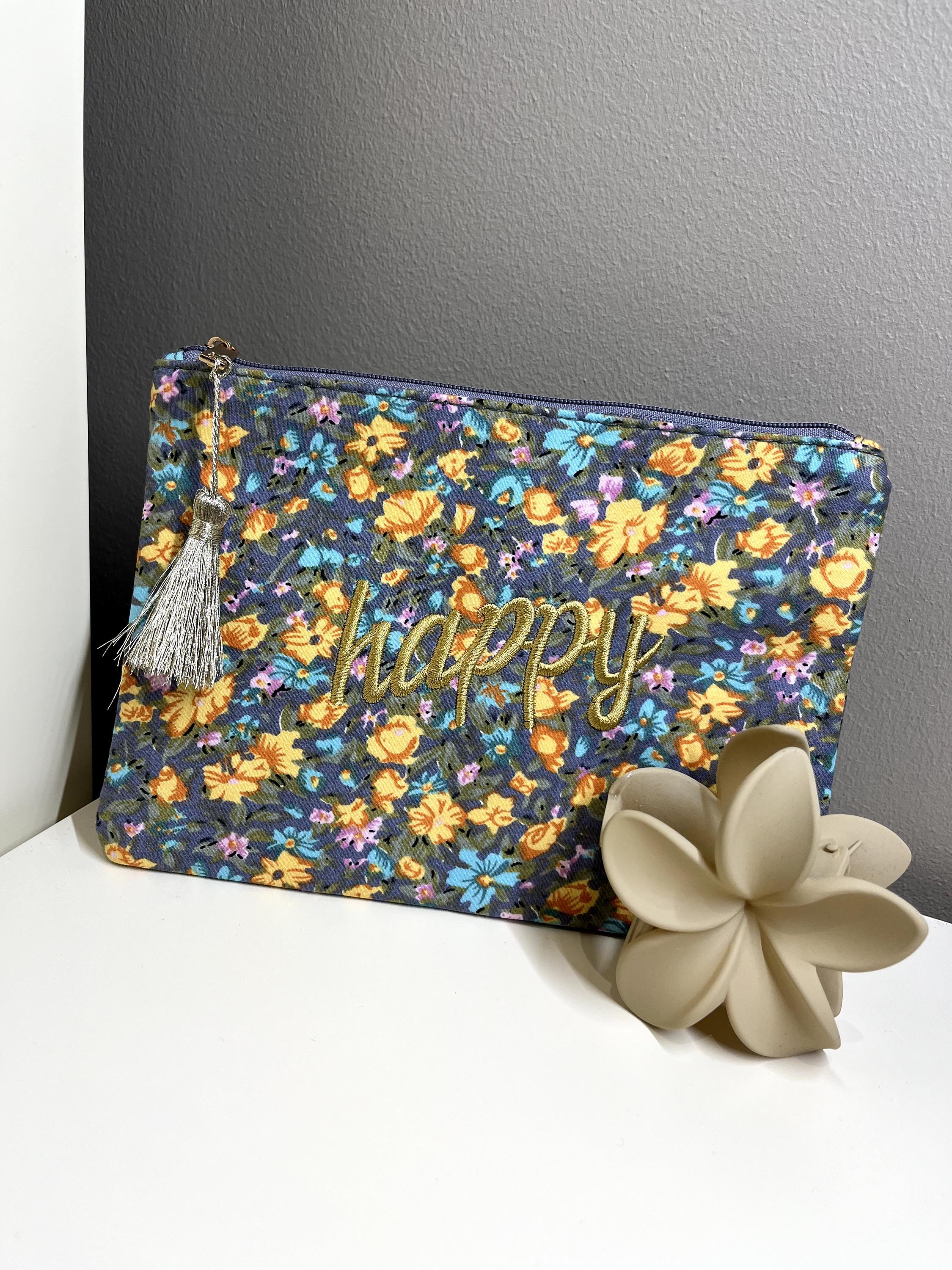 Trousse Pochette zipée liberty à message "J'adore" "Chance" "Happy" "Smile" "Maman je t'aime" coton