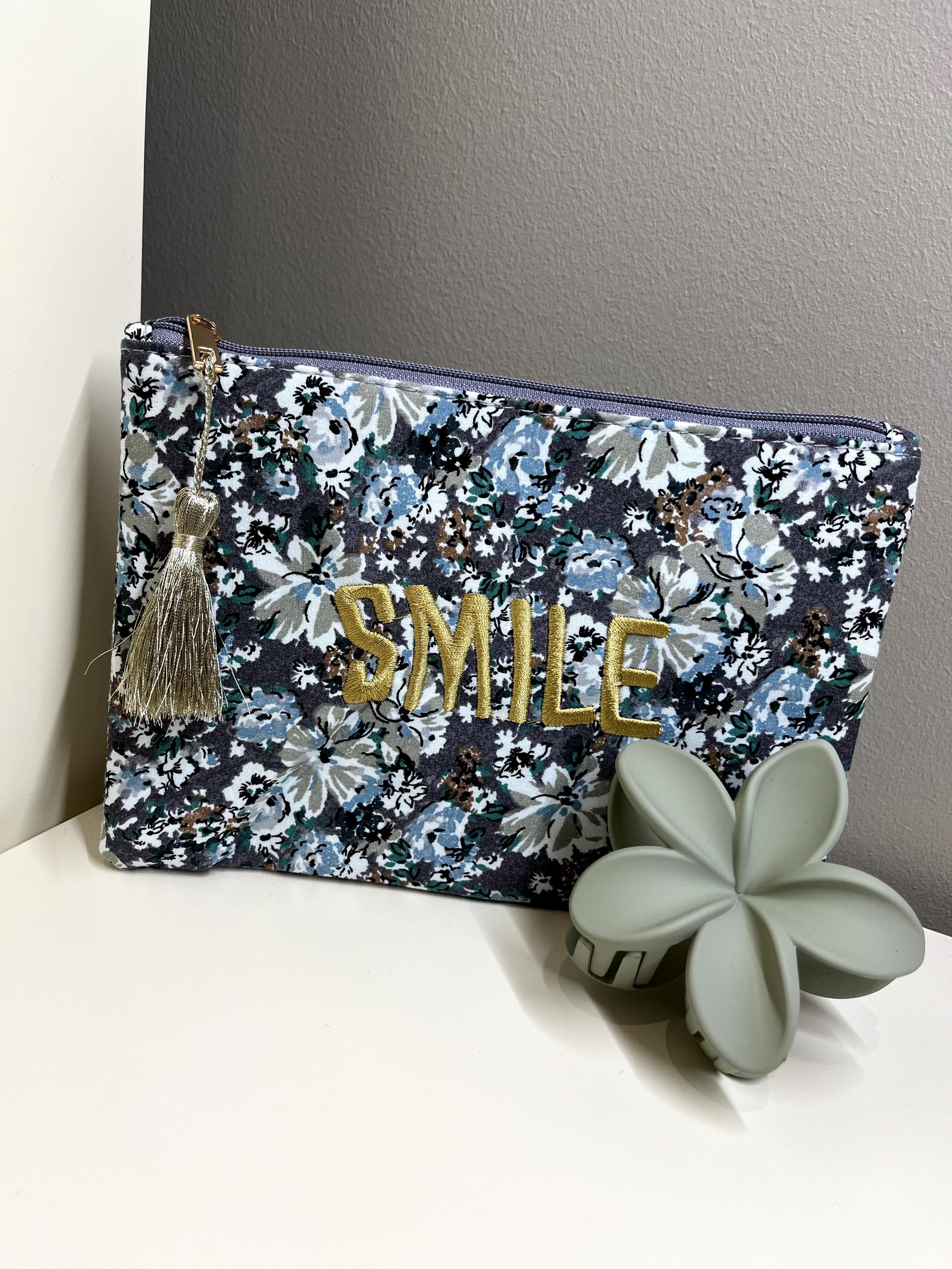 Trousse Pochette zipée liberty à message "J'adore" "Chance" "Happy" "Smile" "Maman je t'aime" coton