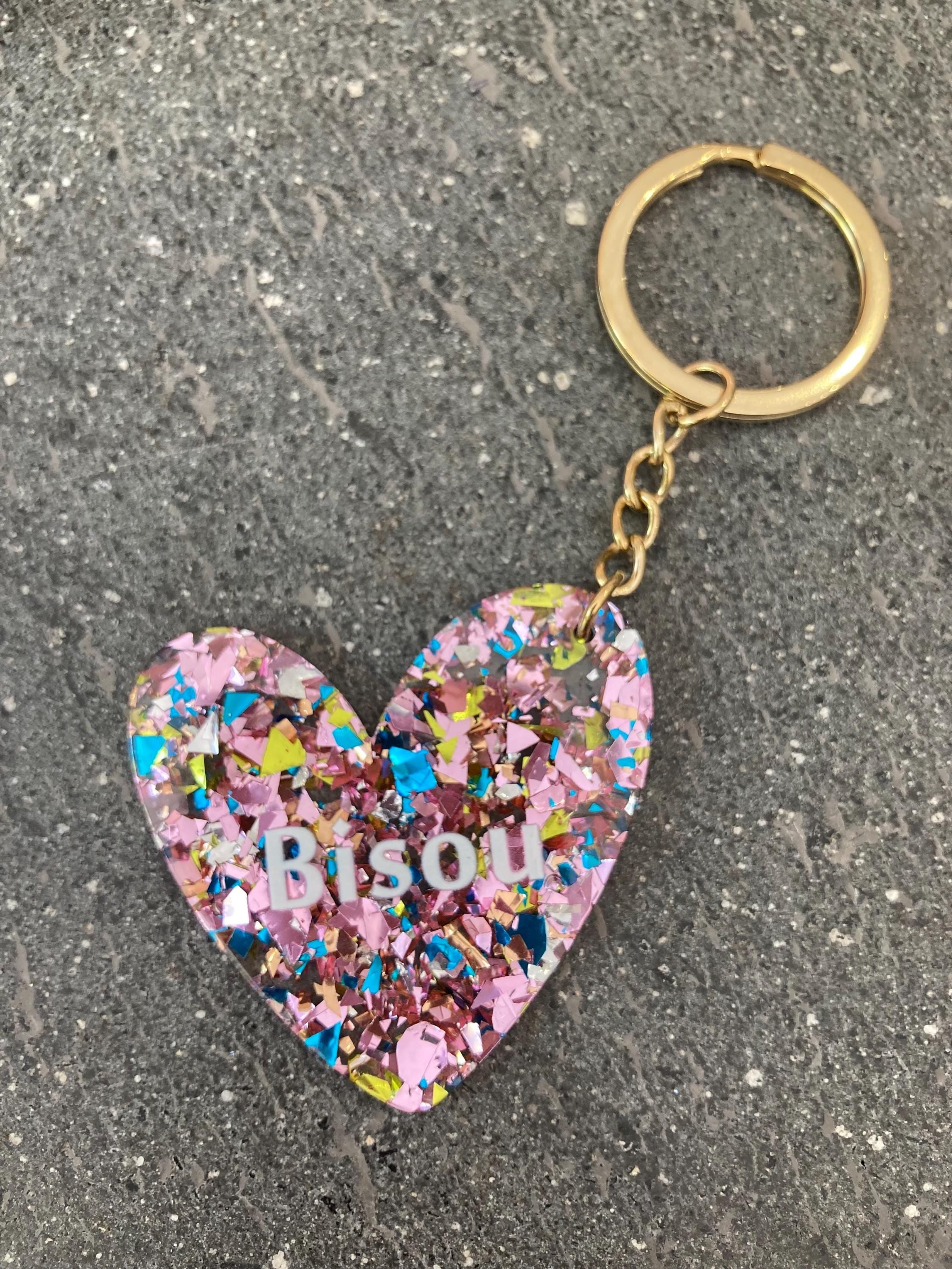 Porte-clefs coeur personnalisé à paillettes Bisou, Amour, Tata adorée, Copine en or, idée cadeau fête des mères, cadeau femme