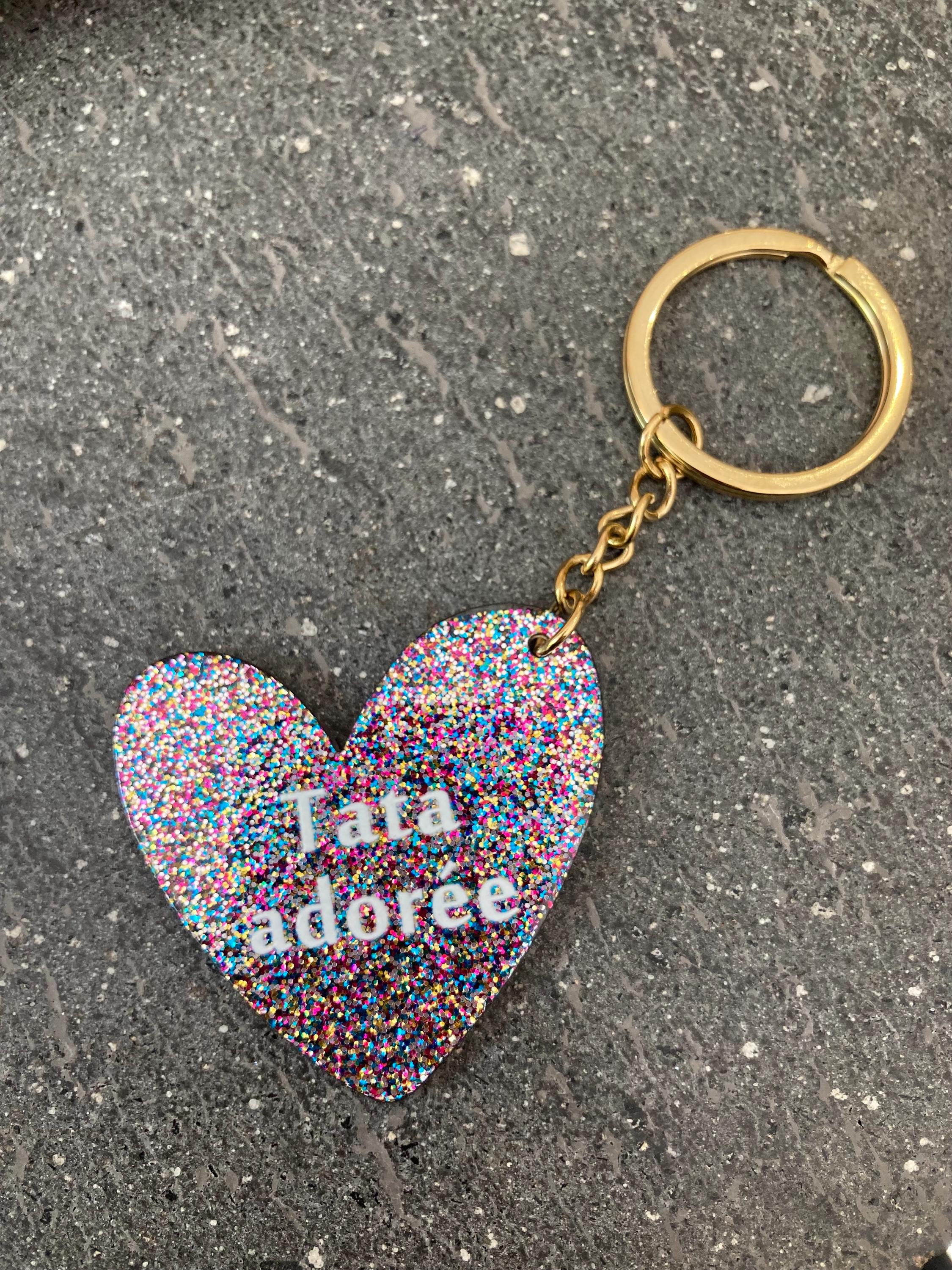 Porte-clefs coeur personnalisé à paillettes Bisou, Amour, Tata adorée, Copine en or, idée cadeau fête des mères, cadeau femme