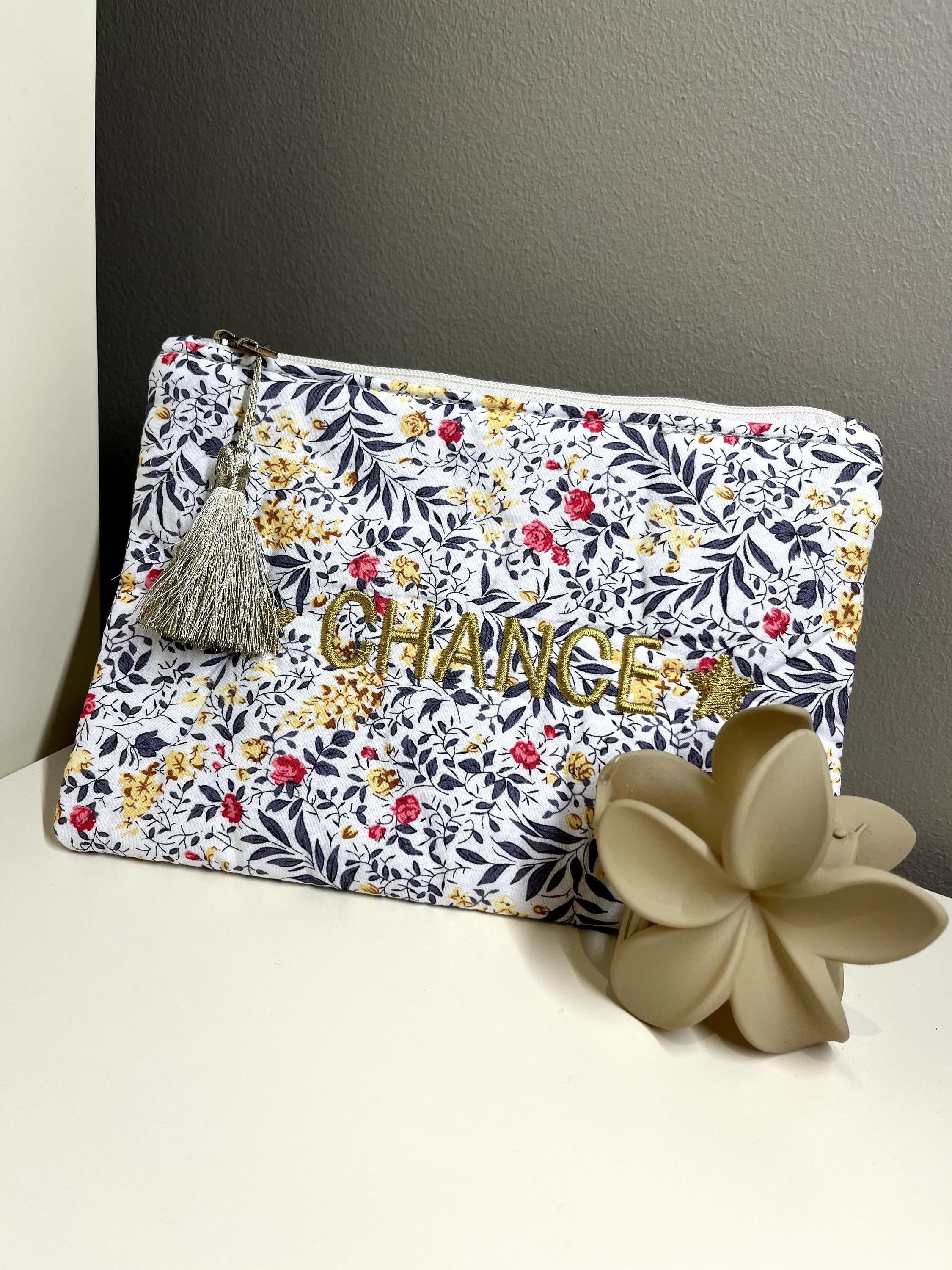 Trousse Pochette zipée liberty à message "J'adore" "Chance" "Happy" "Smile" "Maman je t'aime" coton