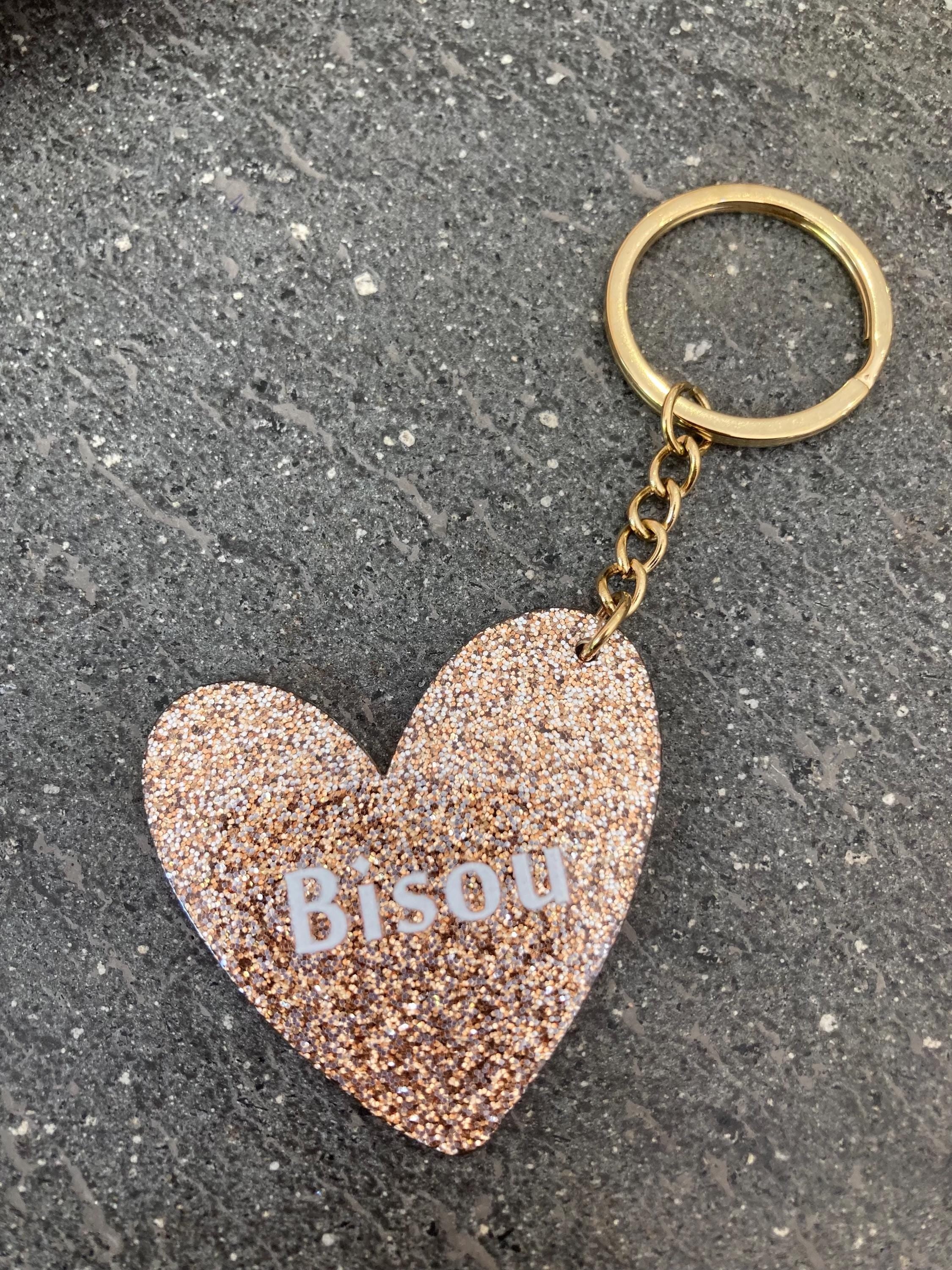 Porte-clefs coeur personnalisé à paillettes Bisou, Amour, Tata adorée, Copine en or, idée cadeau fête des mères, cadeau femme