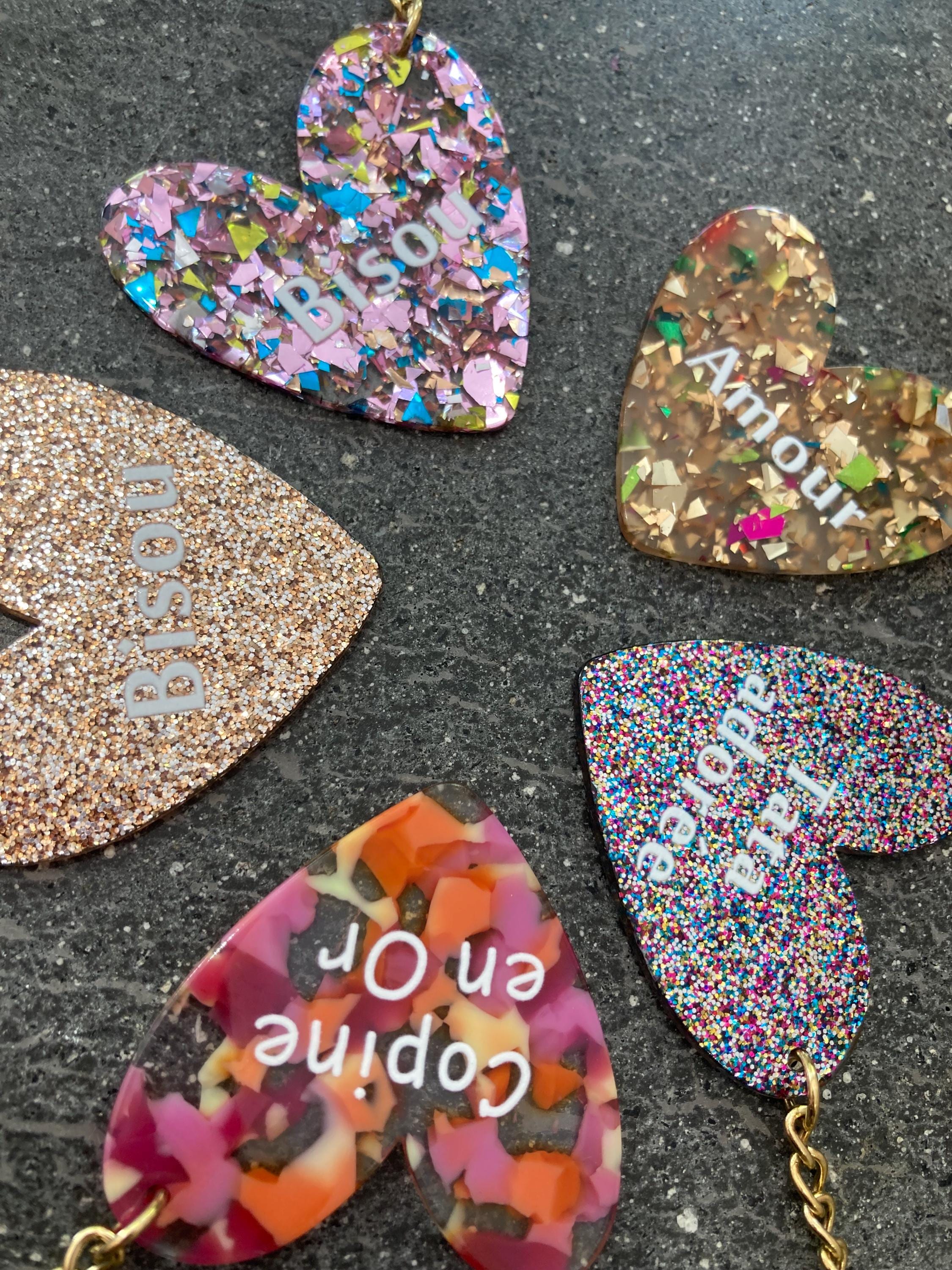 Porte-clefs coeur personnalisé à paillettes Bisou, Amour, Tata adorée, Copine en or, idée cadeau fête des mères, cadeau femme