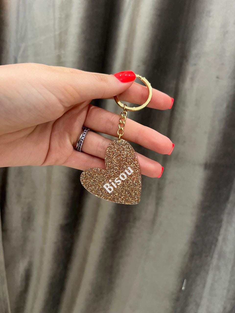 Porte-clefs coeur personnalisé à paillettes Bisou, Amour, Tata adorée, Copine en or, idée cadeau fête des mères, cadeau femme