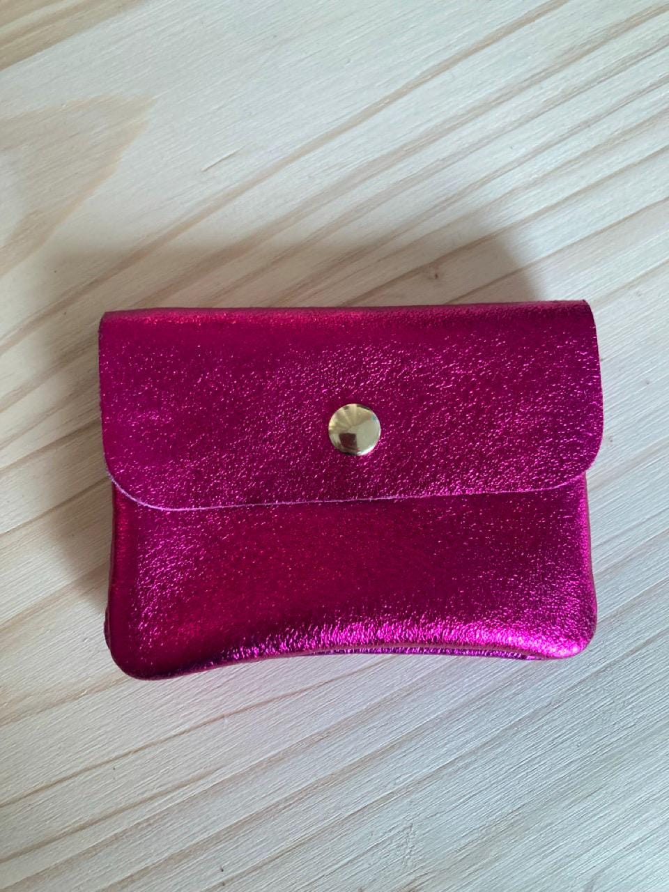 Porte-monnaie femme en cuir métallisé avec compartiment monnaie et cartes, portefeuille brillant femme